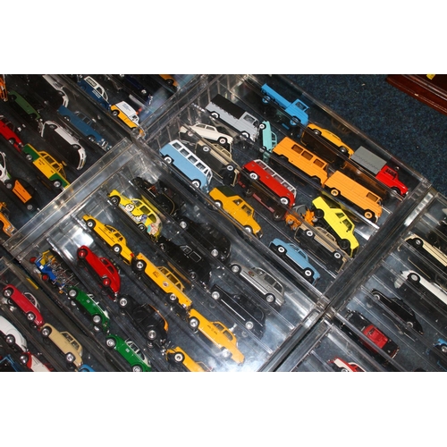 196 - Large collection of model vehicles held in perspex cases, makers including Amercom, Oxford, Vanguard... 