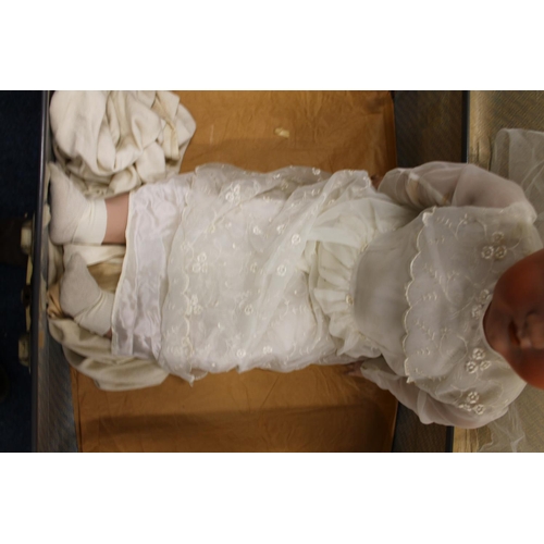 272 - Bergmann of Waltershausen large bisque head sleepy eye doll in wedding dress and wearing wreath, the... 