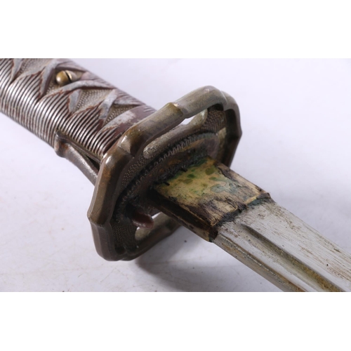 786 - Japanese katana sword having curving 70cm long blade, the blade numbered '61278', pierced bronze tsu... 