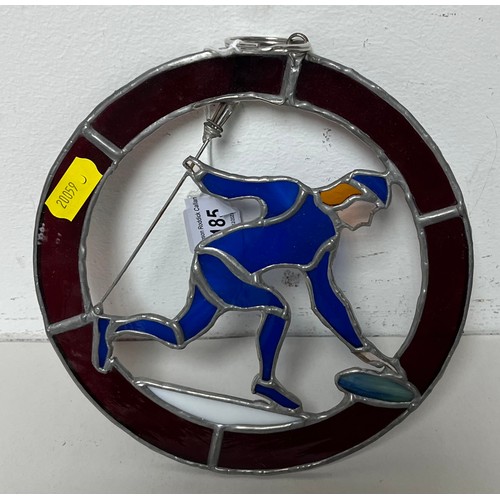 185 - Stained glass curling plaque with keychain.