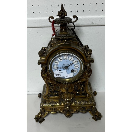 201 - 19 th century French-gilt mantel clock, blue enamel dial, retailed by Sorley Glasgow 38cm height.