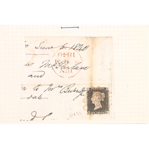 526 - GREAT BRITAIN GB Queen Victoria QV 1d penny black PJ with red Maltese cross cancel on partial cover ... 