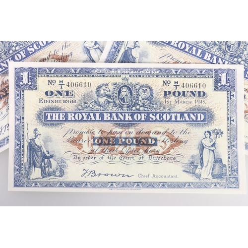 657 - THE ROYAL BANK OF SCOTLAND a consecutive run of 21 one pound £1 banknotes 1st March 1943 Brown... 