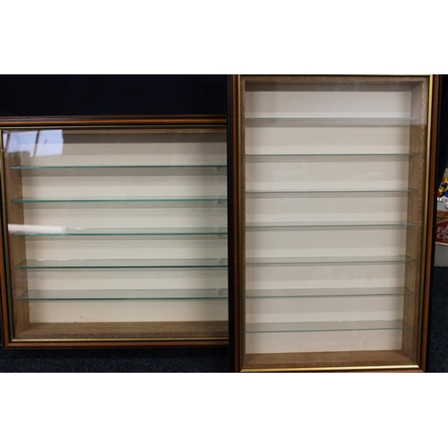 258 - Two mahogany framed wall display cases, used previously for model railway and diecast vehicles, 45cm... 