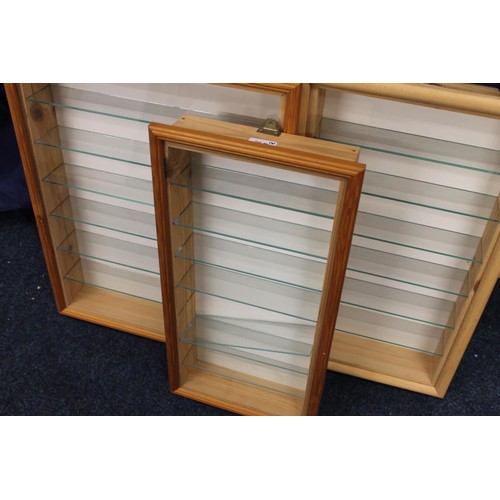 259 - Three pine framed wall display cases, used previously for model railway and diecast vehicles, 59cm x... 