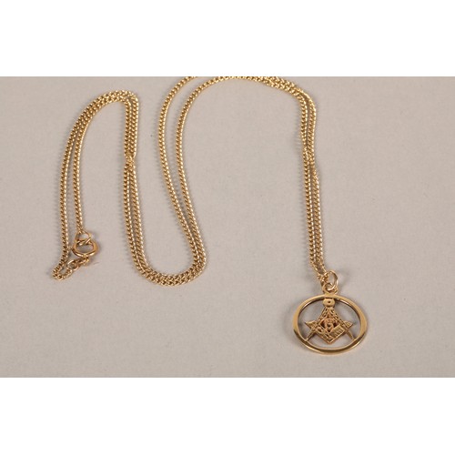 73 - 9ct gold Masonic pendant on 9ct gold necklace, 4.4g.