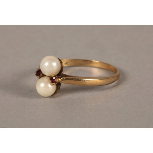 77 - Ladies 9 ct gold seed pearl with two small garnets, 2.0g.