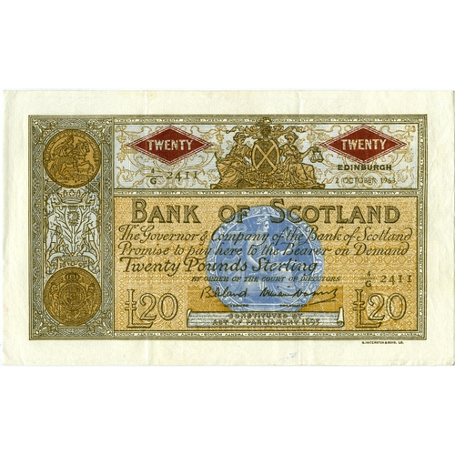 676 - BANK OF SCOTLAND twenty pound £20 banknote 2nd October 1963, Bisland and Watson, 4/G 2411, EF,... 