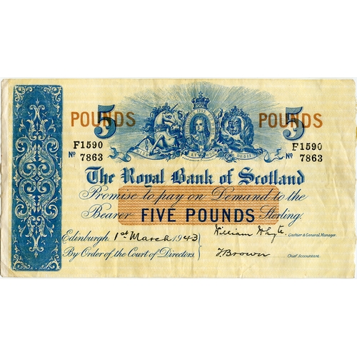 677 - THE ROYAL BANK OF SCOTLAND five pound £5 banknote 1st March 1943, hand signed William Whyte an... 