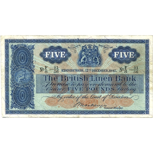 679 - THE BRITISH LINEN BANK five pound £5 banknote 12 th December 1947, Mackenzie, F/8 31/56, VF, S... 