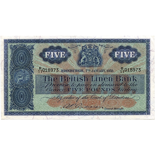 680 - THE BRITISH LINEN BANK five pound £5 banknote 7th January 1959, Anderson, R/11 018973, aEF, SC... 