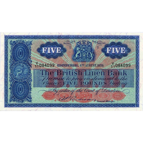 680 - THE BRITISH LINEN BANK five pound £5 banknote 7th January 1959, Anderson, R/11 018973, aEF, SC... 