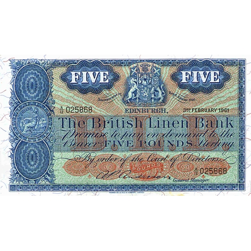 681 - THE BRITISH LINEN BANK five pound £5 banknote 3rd February 1961, Anderson, A/12 025868, UNC, S... 