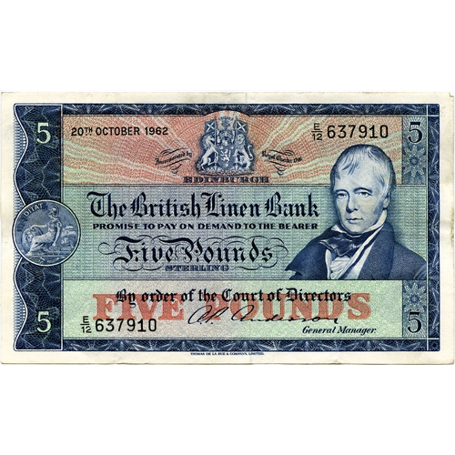 682 - THE BRITISH LINEN BANK five pound £5 banknote  20th October 1962, Anderson, E/12 637910, ... 