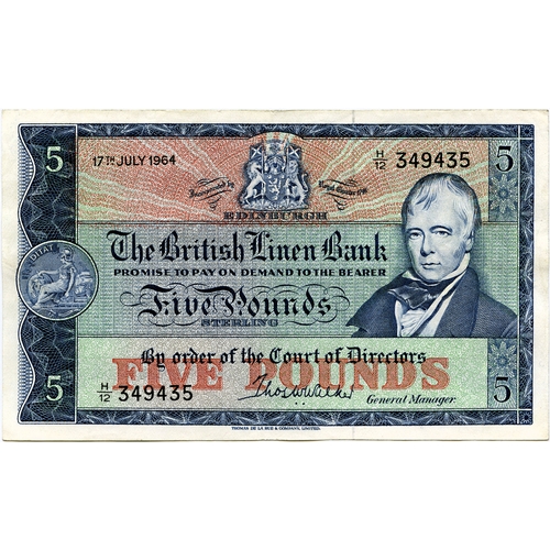 682 - THE BRITISH LINEN BANK five pound £5 banknote  20th October 1962, Anderson, E/12 637910, ... 