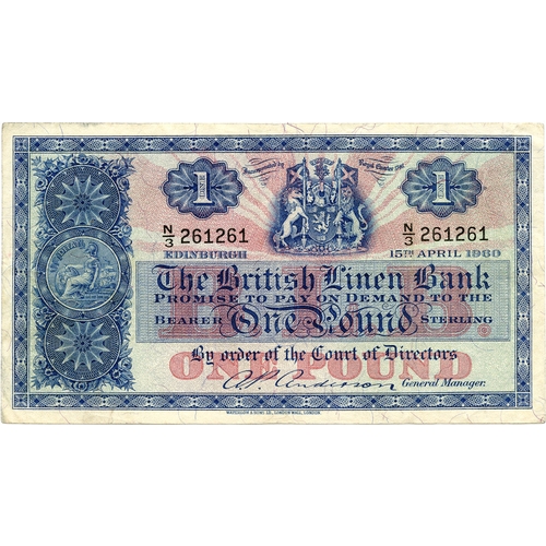 683 - THE BRITISH LINEN BANK one pound banknote 15th April 1960, N/3 261261 aVF, N/3 399933 ... 