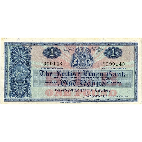 683 - THE BRITISH LINEN BANK one pound banknote 15th April 1960, N/3 261261 aVF, N/3 399933 ... 