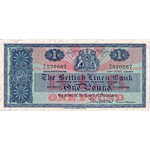 683 - THE BRITISH LINEN BANK one pound banknote 15th April 1960, N/3 261261 aVF, N/3 399933 ... 