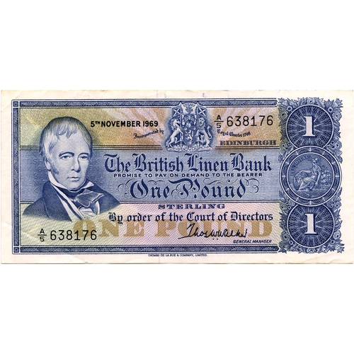 683 - THE BRITISH LINEN BANK one pound banknote 15th April 1960, N/3 261261 aVF, N/3 399933 ... 