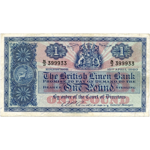 683 - THE BRITISH LINEN BANK one pound banknote 15th April 1960, N/3 261261 aVF, N/3 399933 ... 