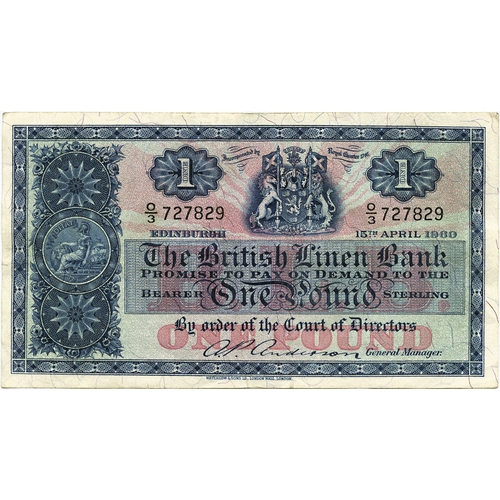 683 - THE BRITISH LINEN BANK one pound banknote 15th April 1960, N/3 261261 aVF, N/3 399933 ... 