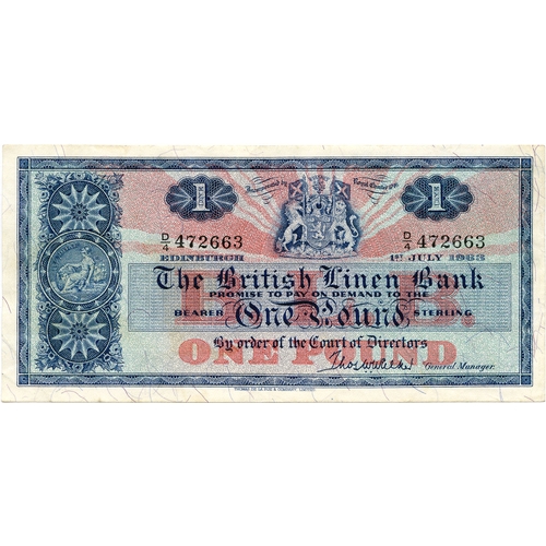 683 - THE BRITISH LINEN BANK one pound banknote 15th April 1960, N/3 261261 aVF, N/3 399933 ... 