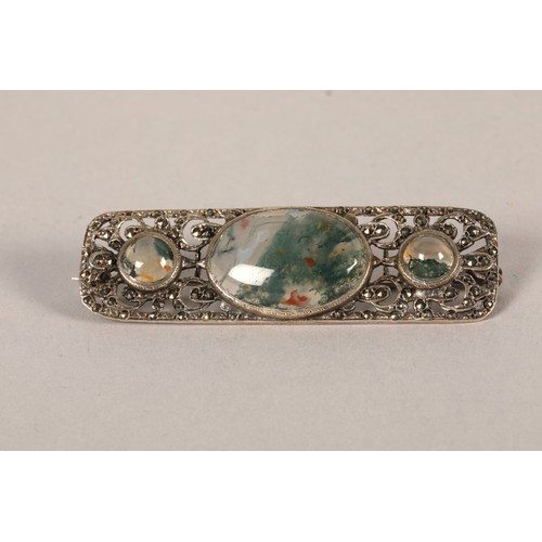 100 - Silver moss agate marcasite brooch.