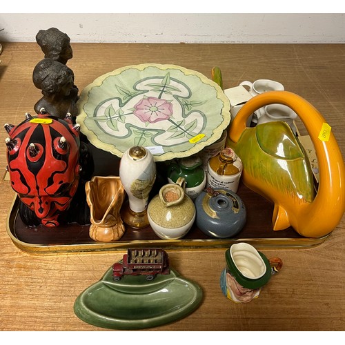 216 - Assorted decorative wear including small whisky decanter, metal figures, Star Wars bank, etc