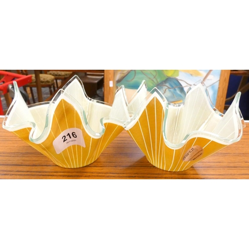 513 - A pair of caramel white and clear glass cotton handkerchief bowls made by Chance Brothers.