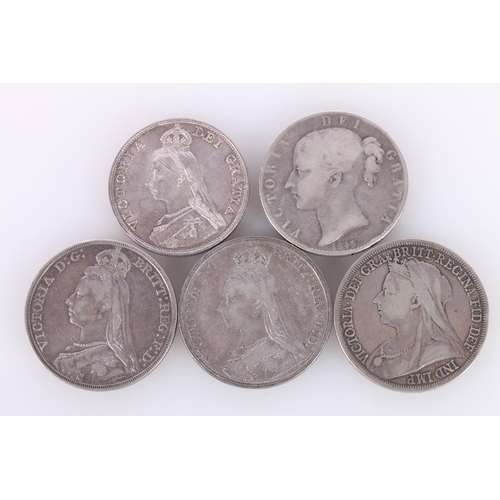 663 - UNITED KINGDOM Queen Victoria (1837-1901) silver crowns 1845, 1889 x2 and 1893 LVI, and a double flo... 