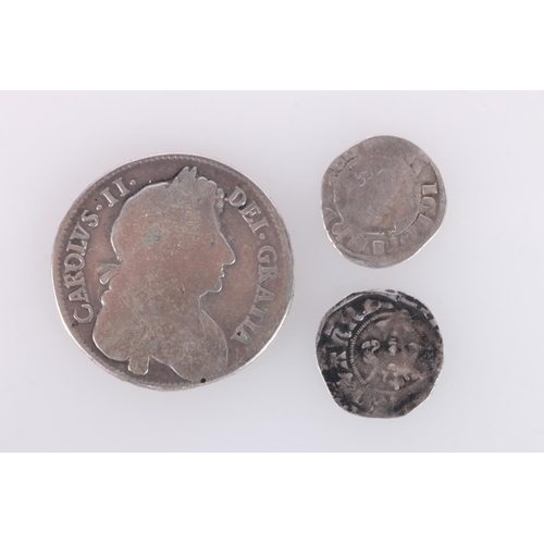 666 - ENGLAND Charles II (1660-1685) silver half crown 1676 Vicesimo Octavo S3367, and two 14th/15th centu... 