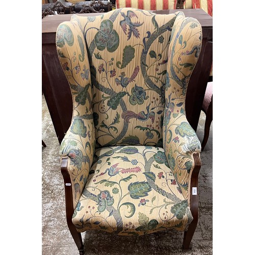 513 - Edwardian line inlaid mahogany wing back easy chair 