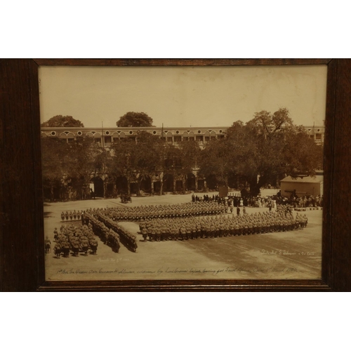 879 - Framed photographs including School of Musketry Hythe 182nd Party November 1896, 1st Battalion The Q... 