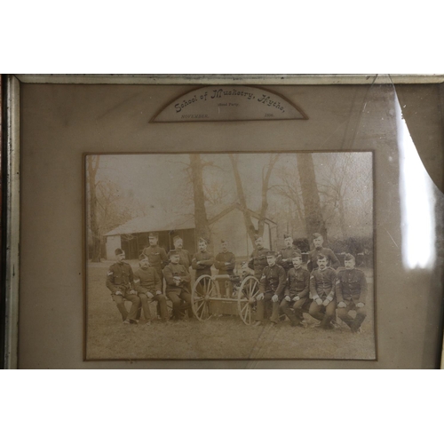 879 - Framed photographs including School of Musketry Hythe 182nd Party November 1896, 1st Battalion The Q... 