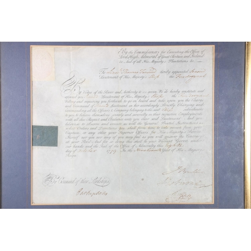 880 - Framed Royal Appointment document for Lieutenant Thomas Forwood appointed in charge of His Majesty's... 