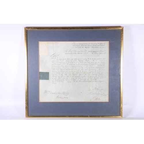 880 - Framed Royal Appointment document for Lieutenant Thomas Forwood appointed in charge of His Majesty's... 