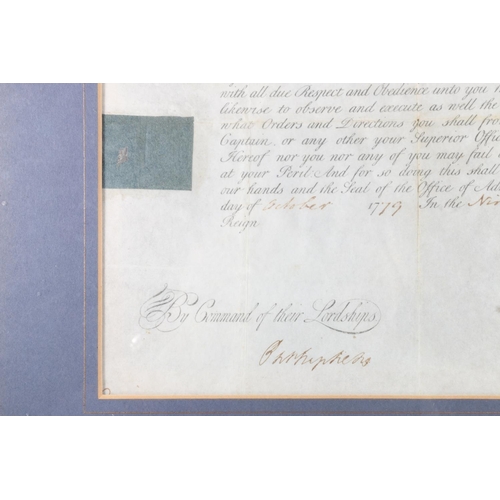 880 - Framed Royal Appointment document for Lieutenant Thomas Forwood appointed in charge of His Majesty's... 