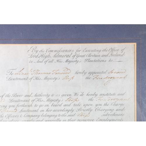 880 - Framed Royal Appointment document for Lieutenant Thomas Forwood appointed in charge of His Majesty's... 