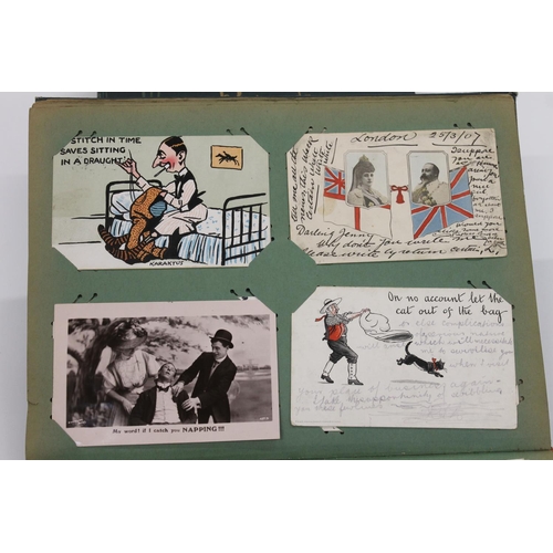 458 - Three postcard albums containing Scottish topographical, comic, greetings and other postcards, also ... 