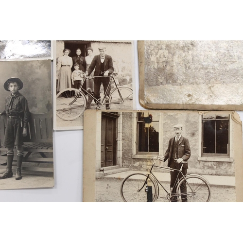 462 - Group of CDV cabinet cards of family portraiture including gentleman resting on bicycle, school clas... 