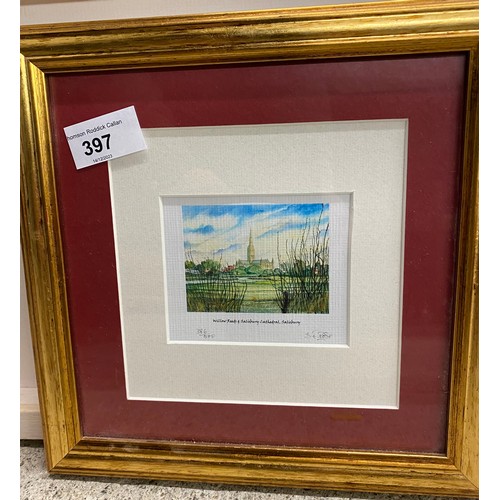 397 - Assortment of pictures including canvases, signed framed print of Salisbury Cathedral, etc.