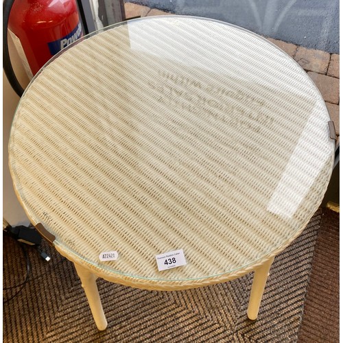 438 - Woven circular occasional table with glass preserve