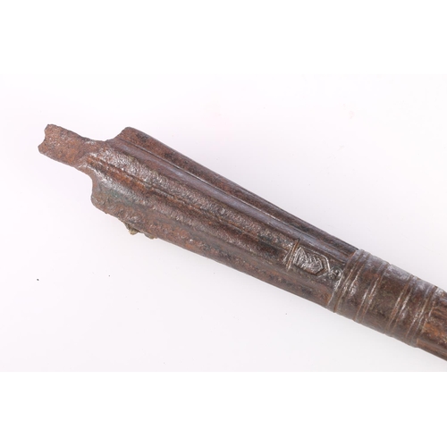 864 - 18th century metal barrel from a matchlock pistol, 40cm long. 