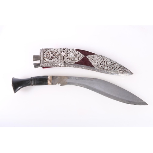 867 - 20th century Gurkha dress kukri, the scabbard with fine quality white metal (low grade silver?) pier... 