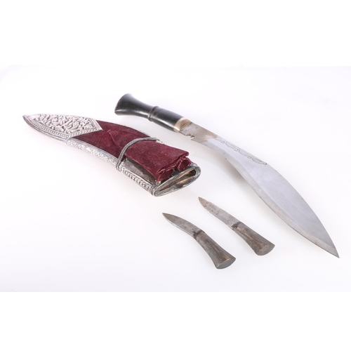 867 - 20th century Gurkha dress kukri, the scabbard with fine quality white metal (low grade silver?) pier... 