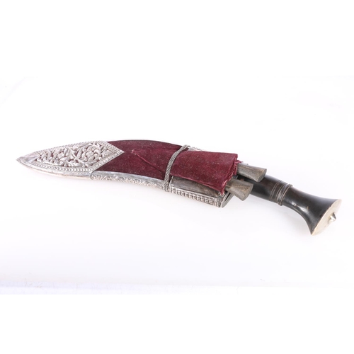 867 - 20th century Gurkha dress kukri, the scabbard with fine quality white metal (low grade silver?) pier... 