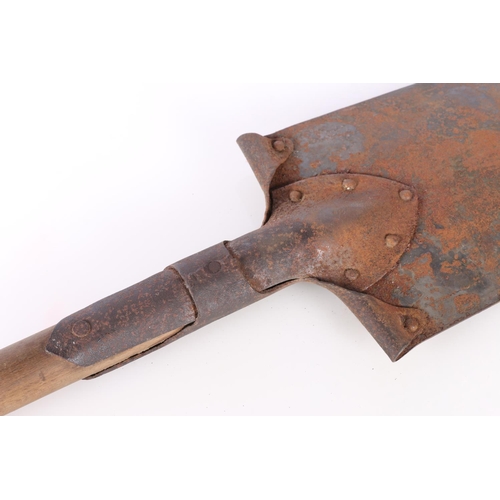 877 - Entrenching spade with leather carrier, 53cm long.