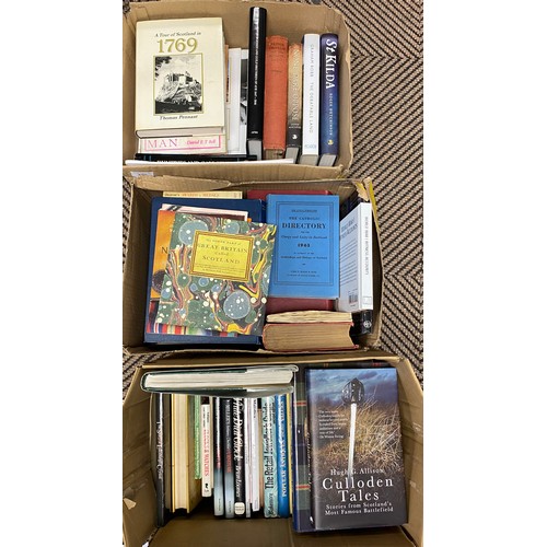 329 - Three boxes of assorted books, including wartime books, reference books, tartan books, etc.