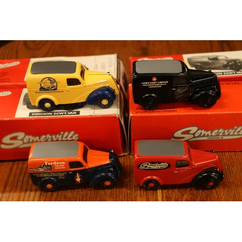 243 - Four Somerville Models 1:43 scale Fordson 5cwt vans to include Colchester Tractors, Lewis East Limit... 