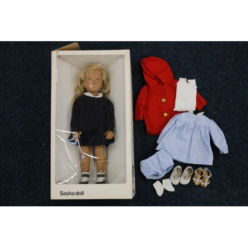 268 - Sasha doll 4101 Sasha wearing blue corduroy dress, blonde hair, golden button, boxed.